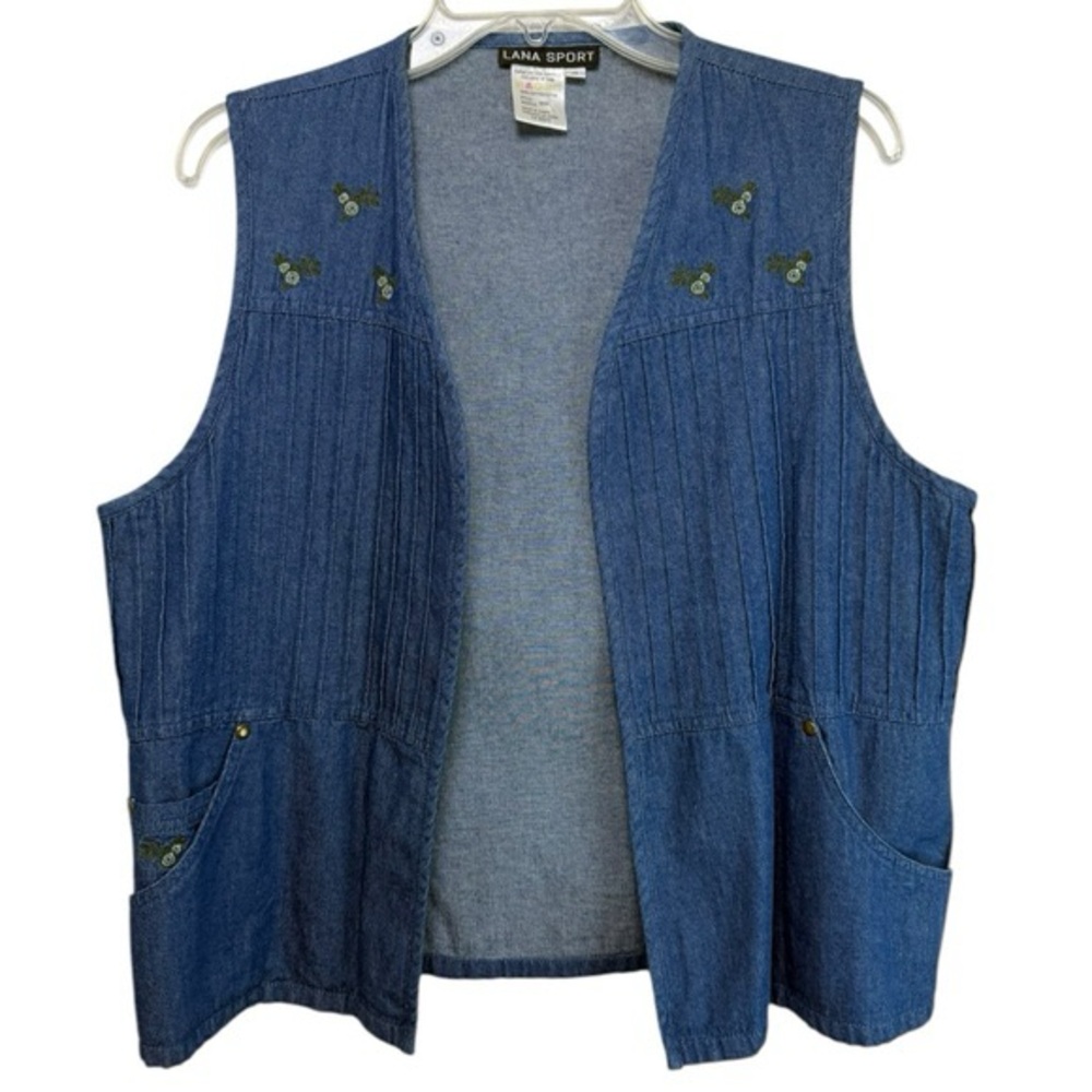Vintage 90s Floral Embroidered Denim Vest Size Large Grandma Cottage Western
